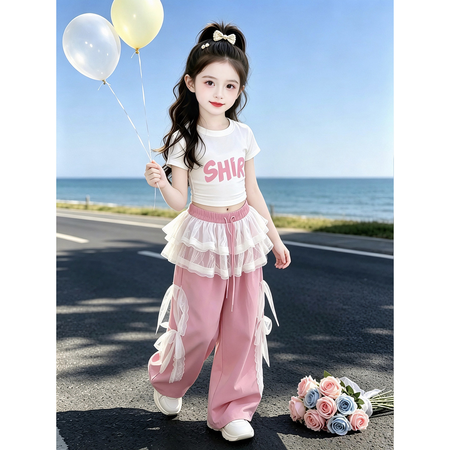 女童短袖套装夏季2026新款儿童印花上衣夏装女孩屁帘阔腿裤两件套