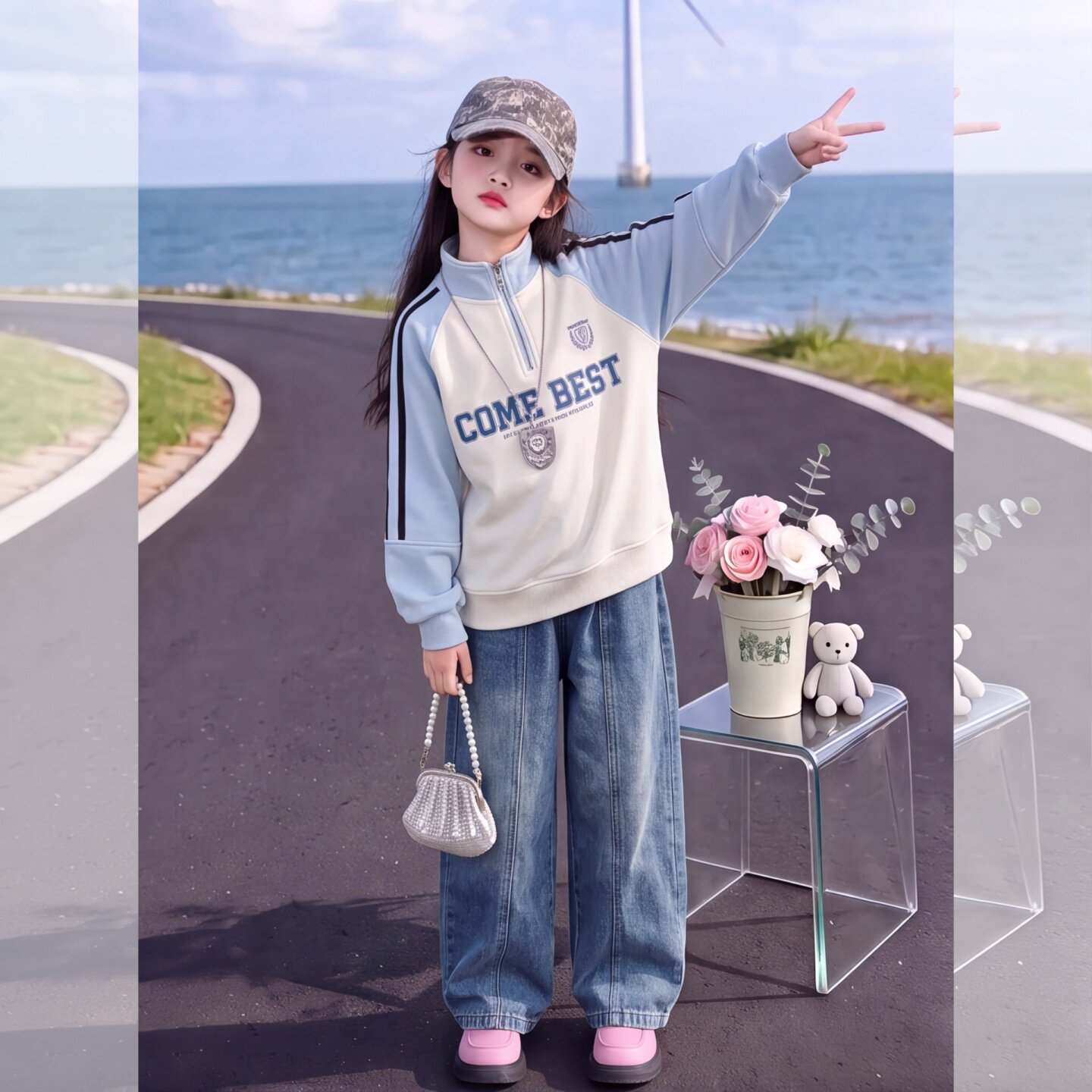 女童秋季款半拉链立领卫衣2026新