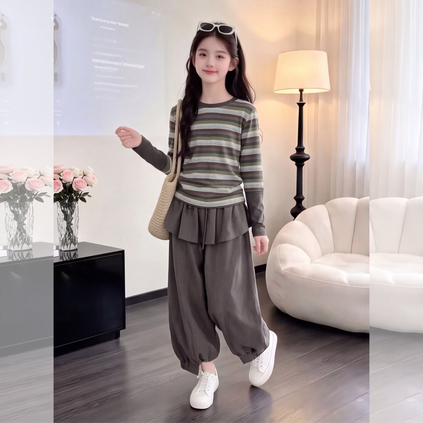 女童秋装套装2026新款女孩条纹秋