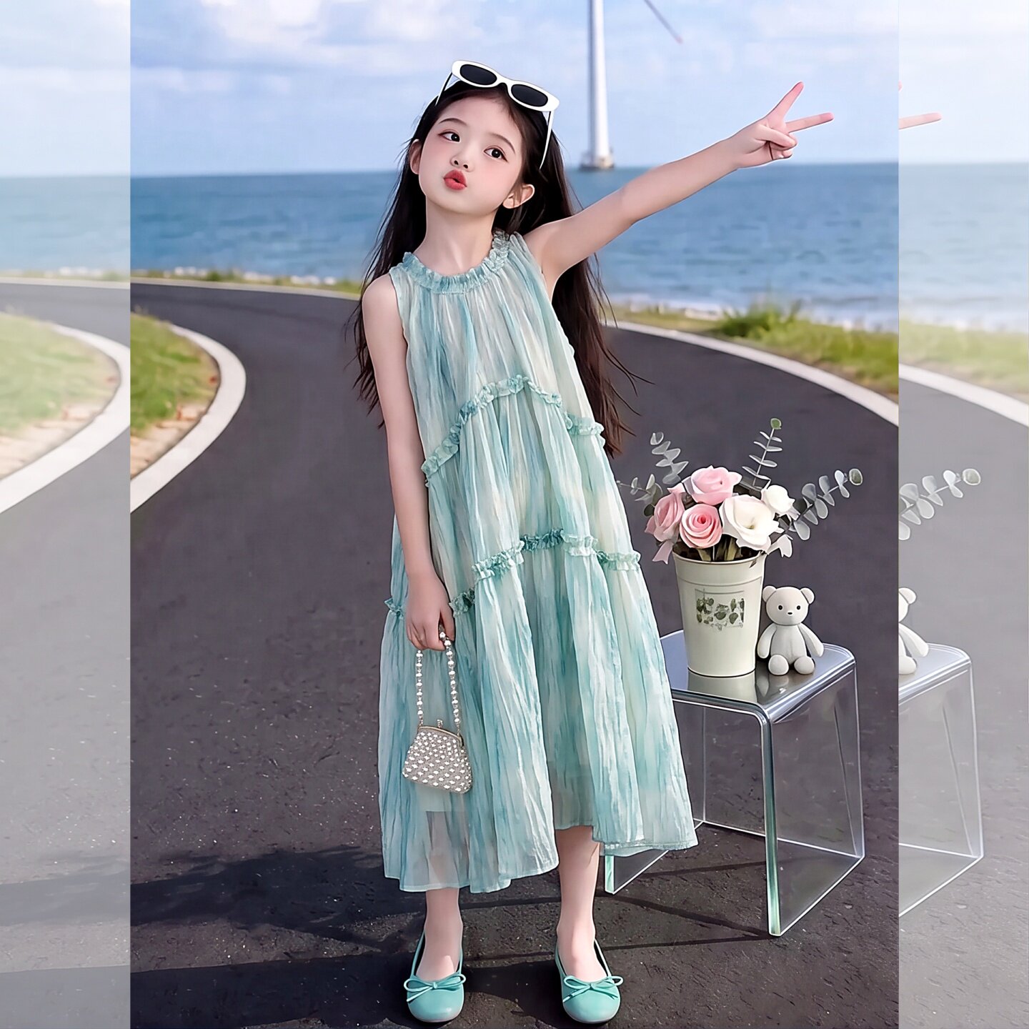 女童洋气时髦连衣裙渐变蓝扎染挂