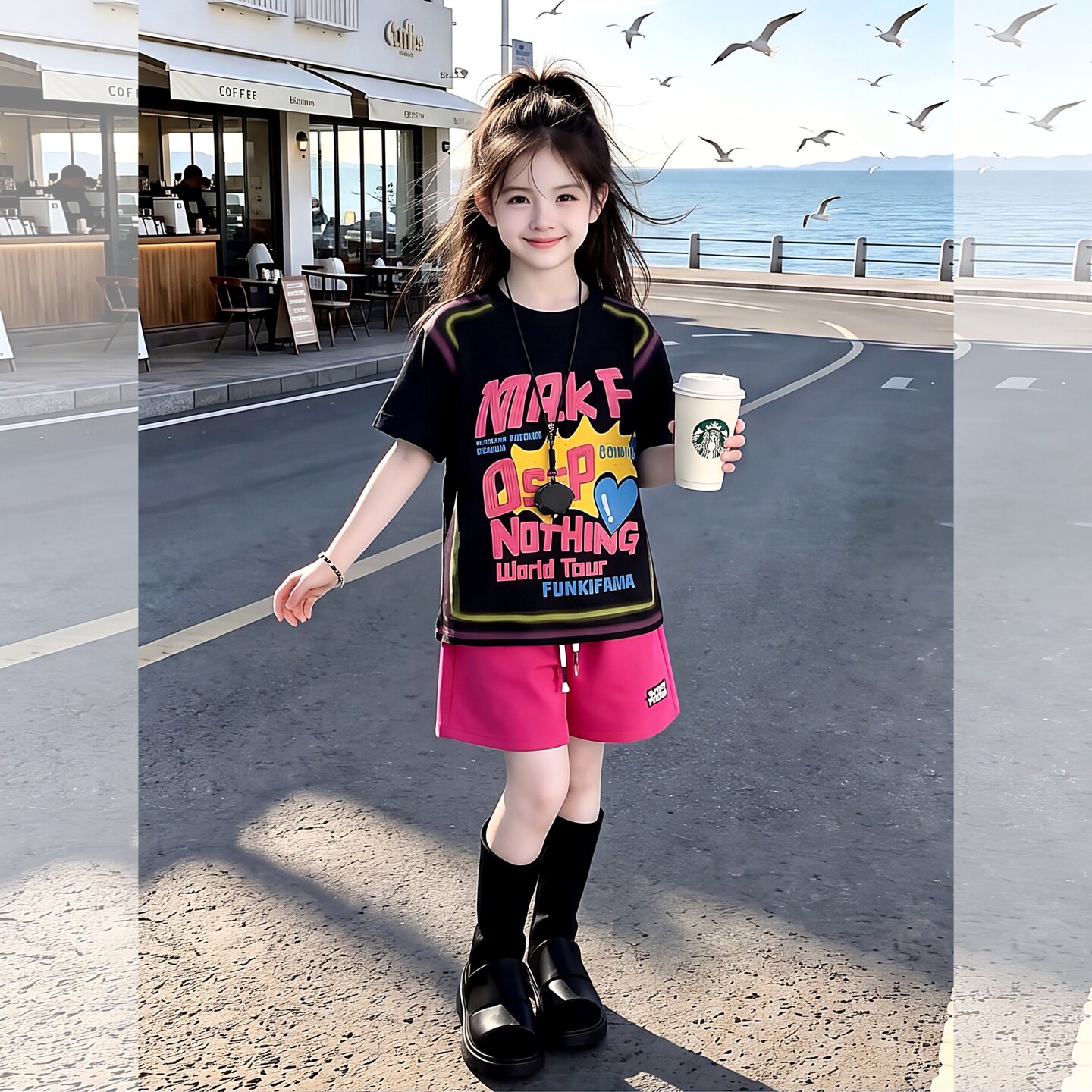 女童短袖短裤套装夏季新款多巴胺