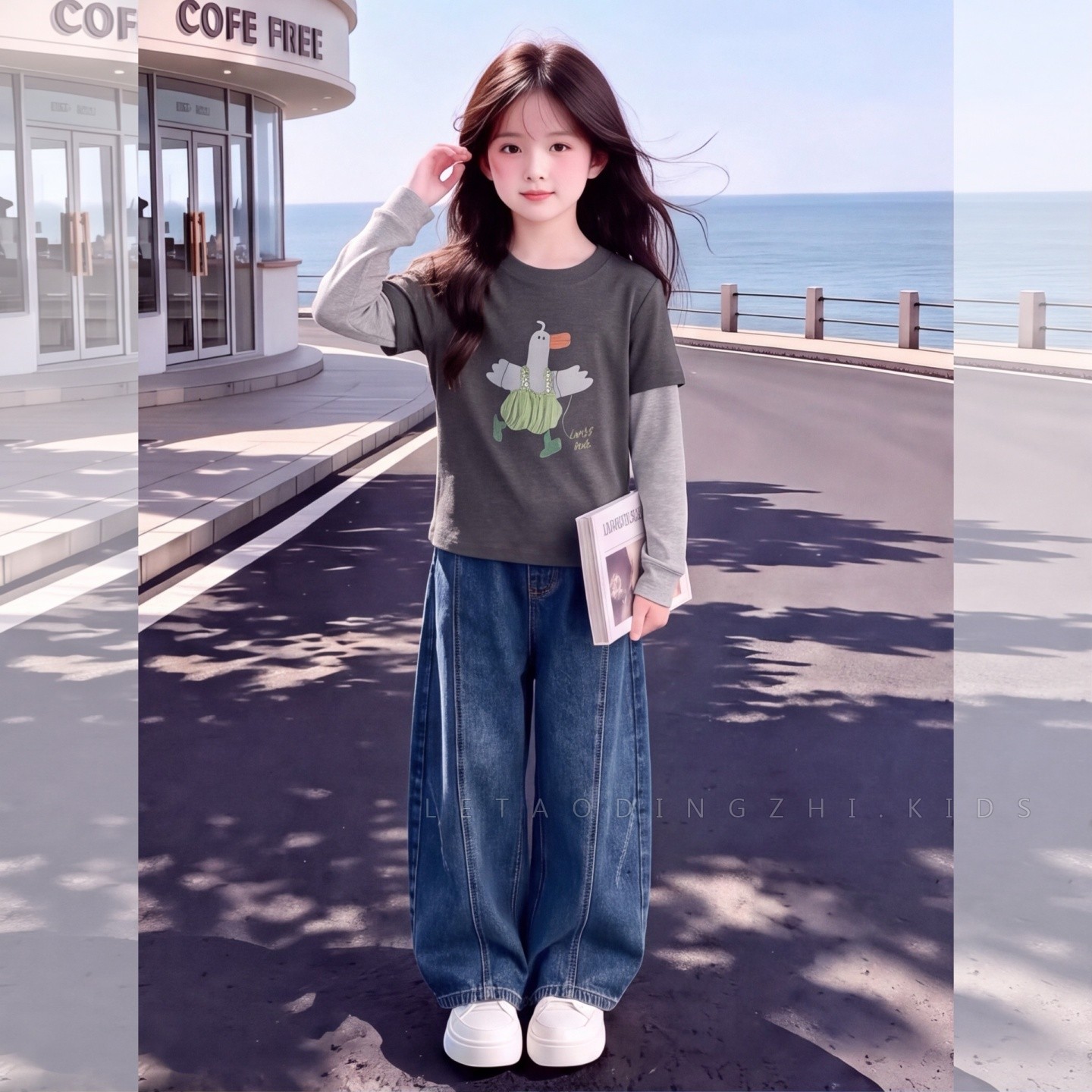 女童春秋韩系假两件牛仔裤套装