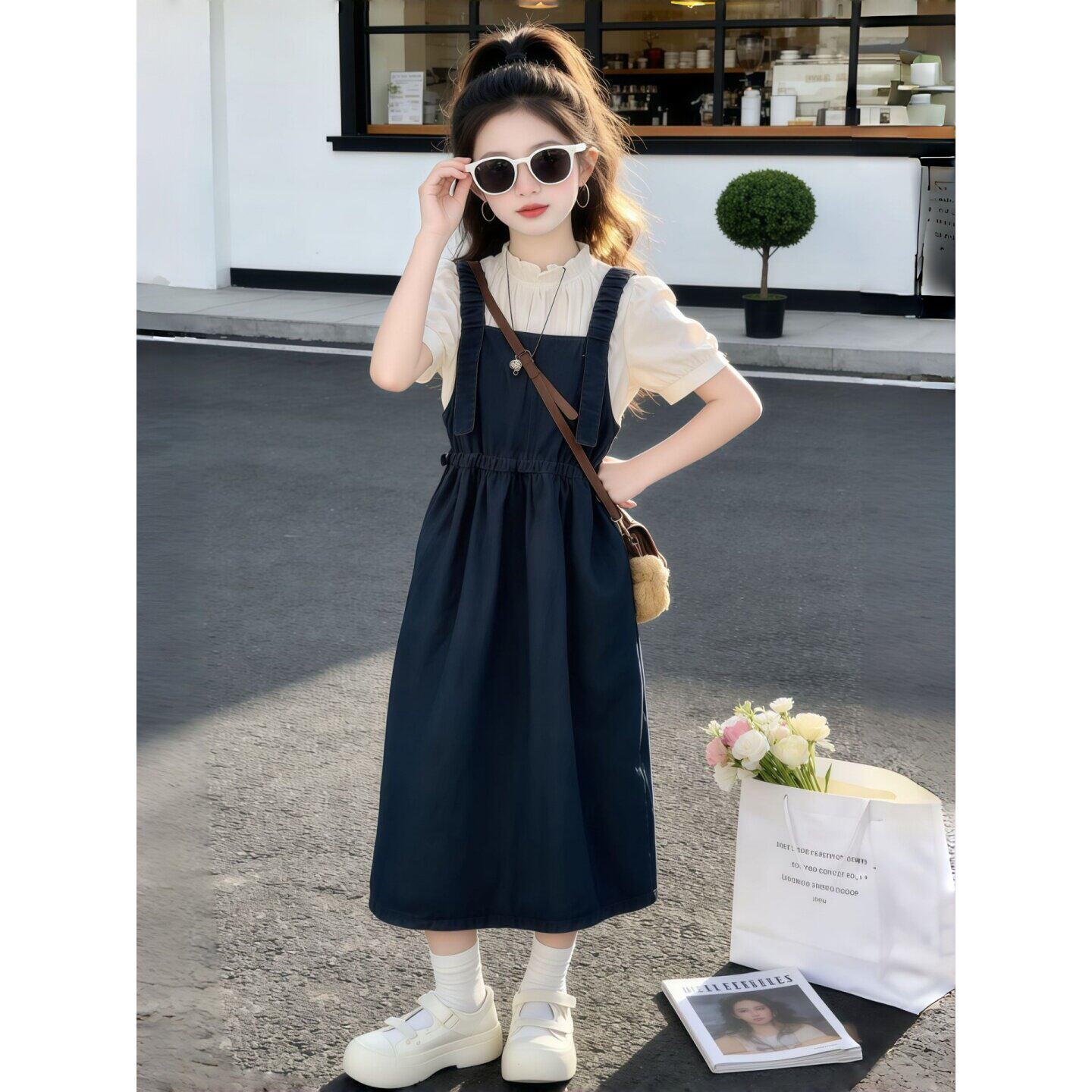 女童牛仔背带裙套装夏季2026新款女大童夏裙子韩系穿搭夏装连衣裙