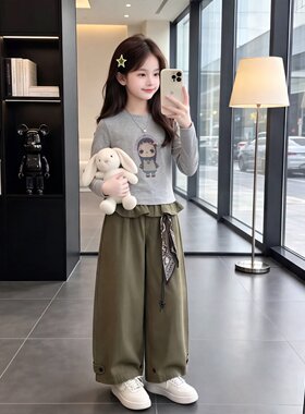 女童秋季韩系工装阔腿裤两件套