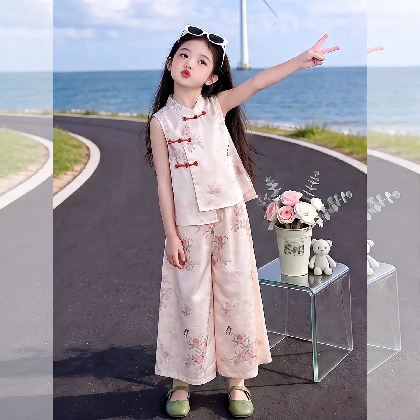 女童套装2024夏新款中国风碎花复