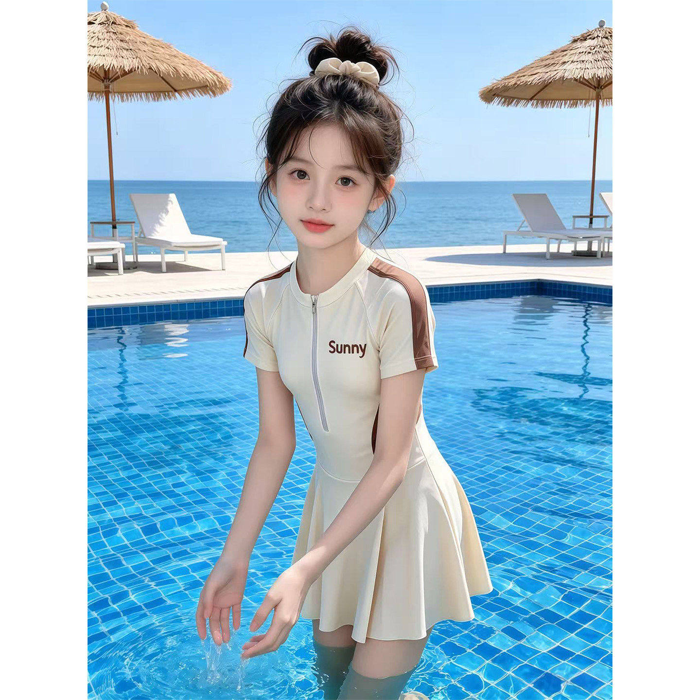 女童泳衣2026新款儿童裙式连身游泳衣拉炼泳衣裙夏季女孩度假泳装