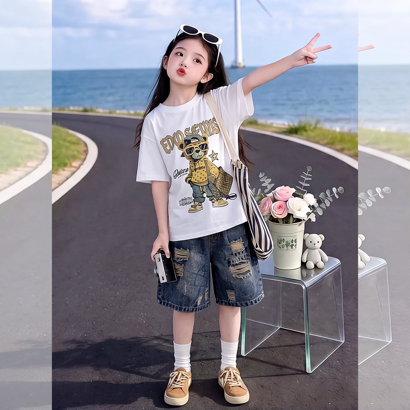 女童夏小熊短袖破洞牛仔裤两件套