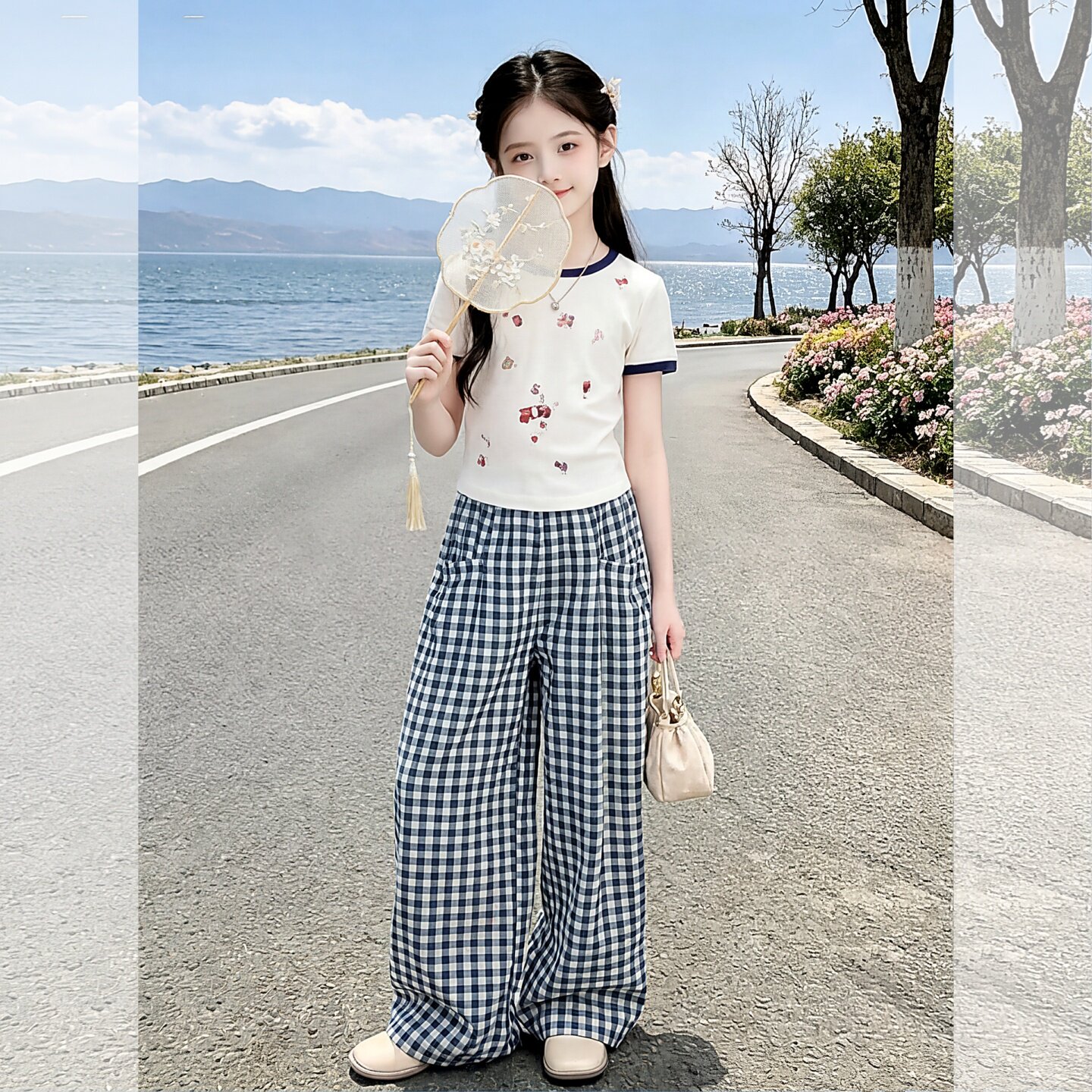 女童韩系松弛感复古格子阔腿裤夏