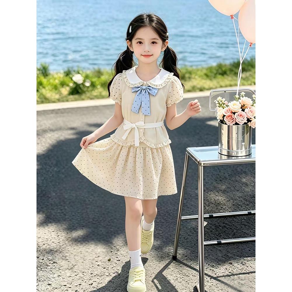 女童学院风套装夏季2026新款儿童娃娃领T恤夏装女孩半身裙两件套