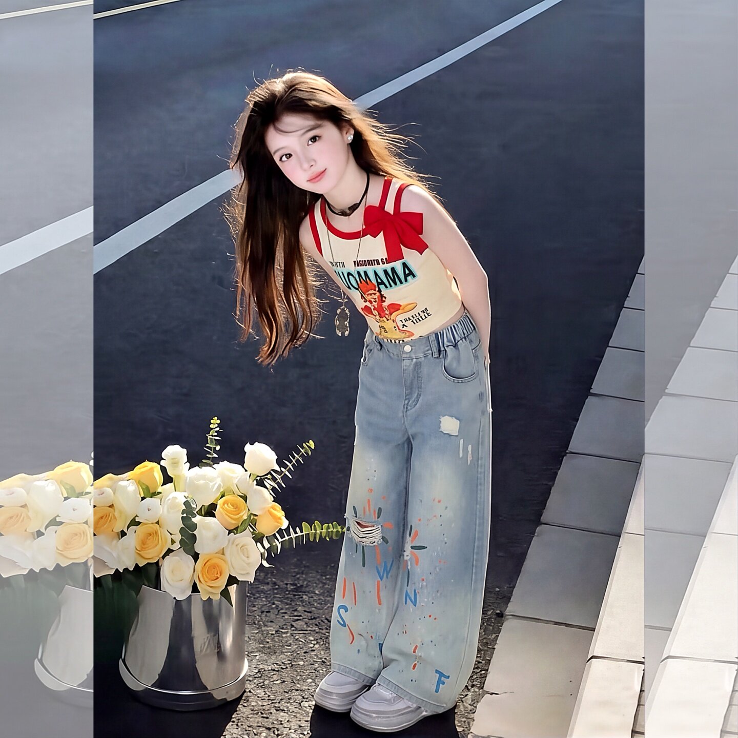 女童夏季牛仔裤2025新款儿童涂鸦