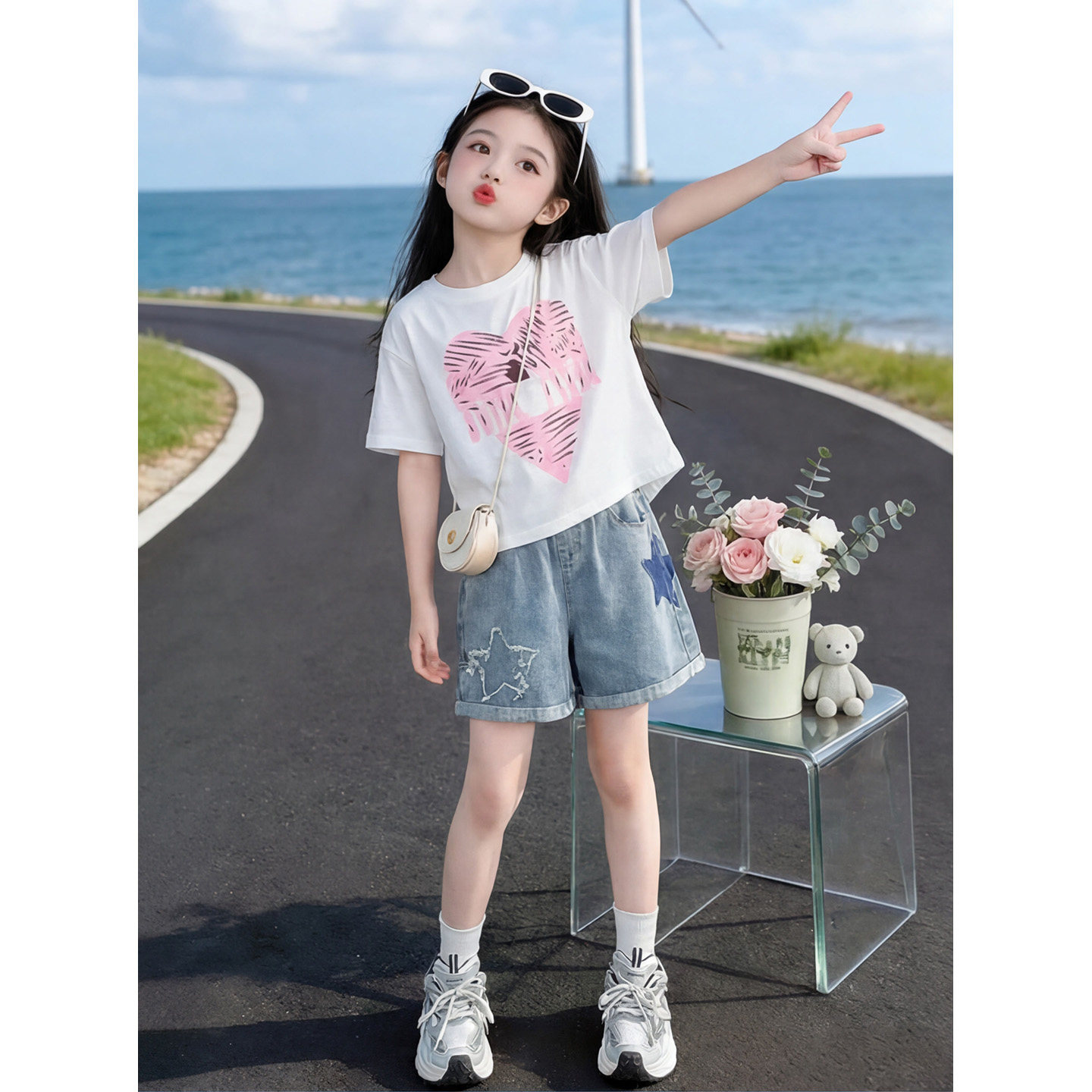 女童夏季洋气开叉短袖T短裤套装