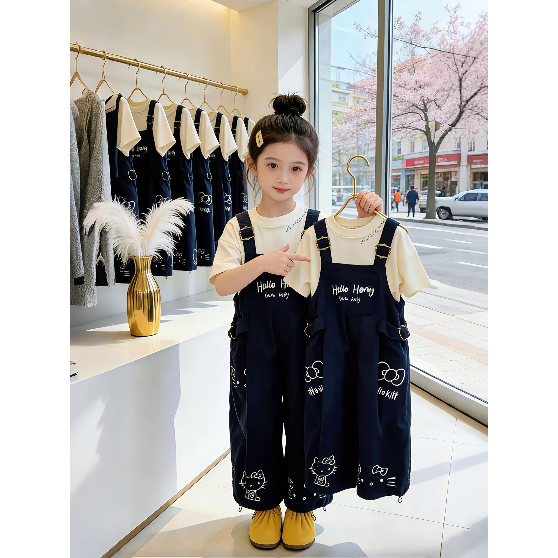 女童套装2026夏季新款卡通猫咪印花背带裤洋气可爱休闲时髦两件套