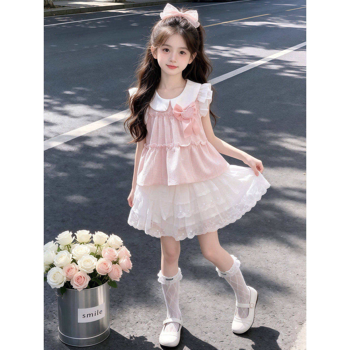 女童夏季套装2026新款翻领荷叶边格纹上衣蕾丝花边短裙儿童两件套