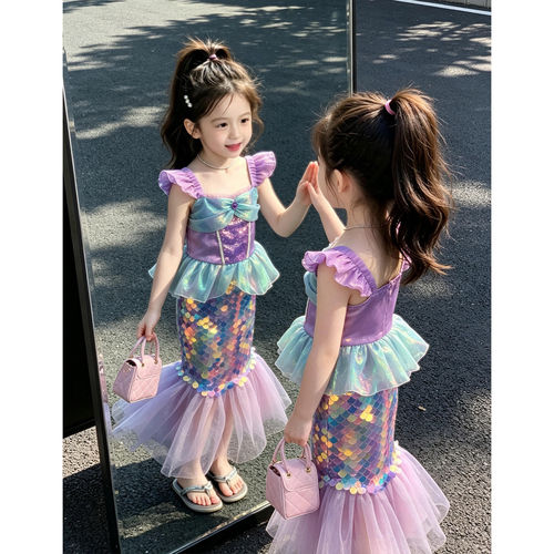 女童美人鱼连衣裙夏装2026新款儿童夏季绝美裙子小女孩亮片公主裙