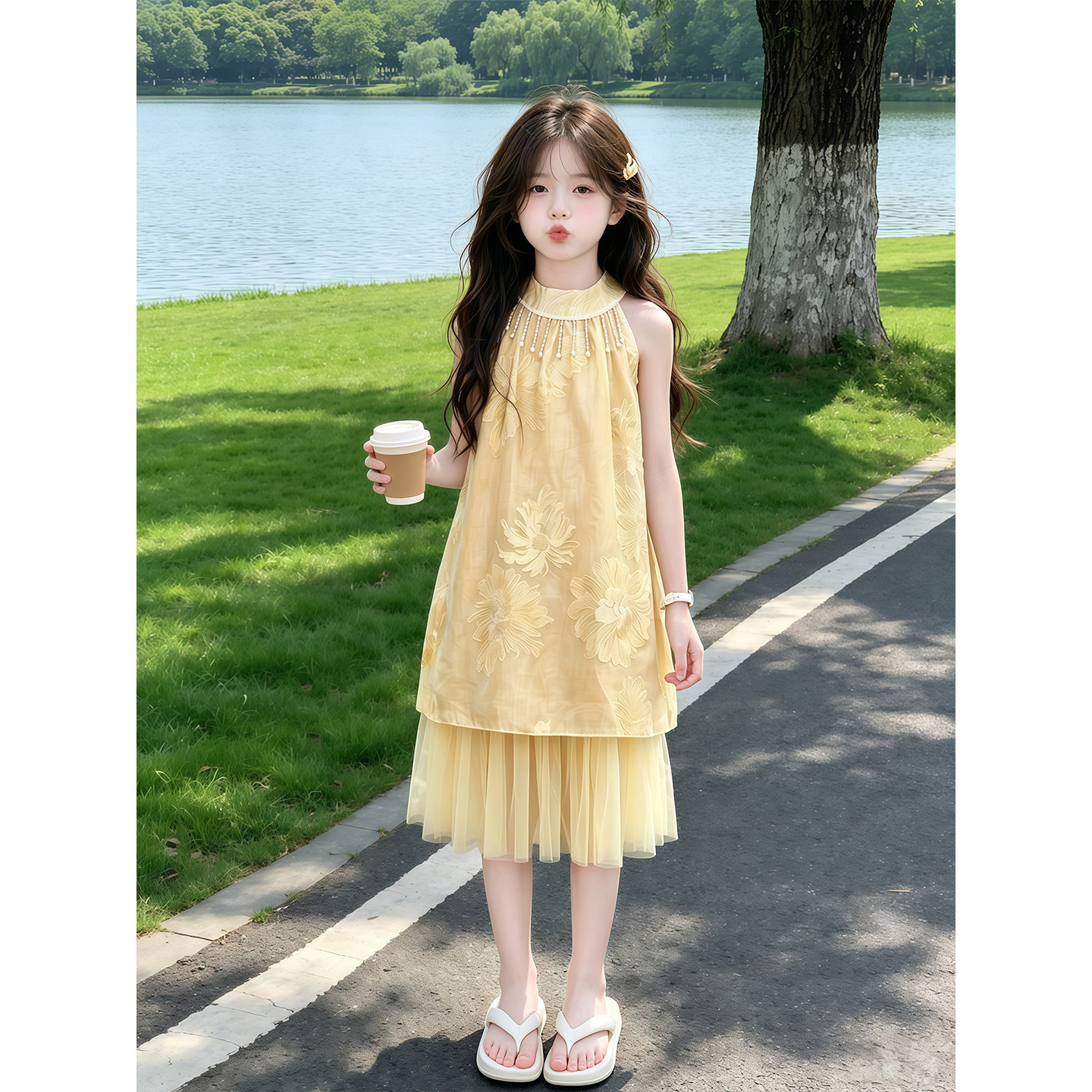 女童夏季国风连衣裙2026新款儿童洋气绣花网纱裙夏装女孩无袖裙子