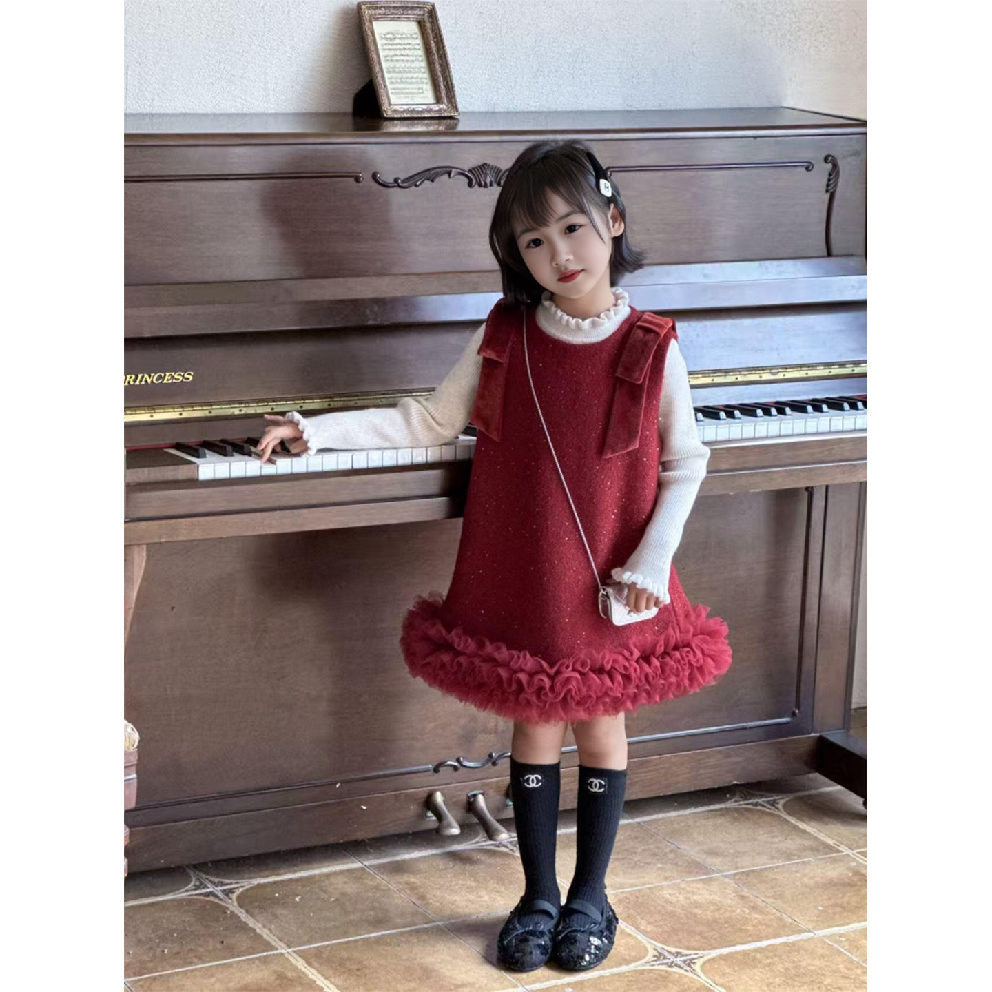 女童2026新款套装红色小香风连衣裙生日礼服背心裙子迪士尼公主裙