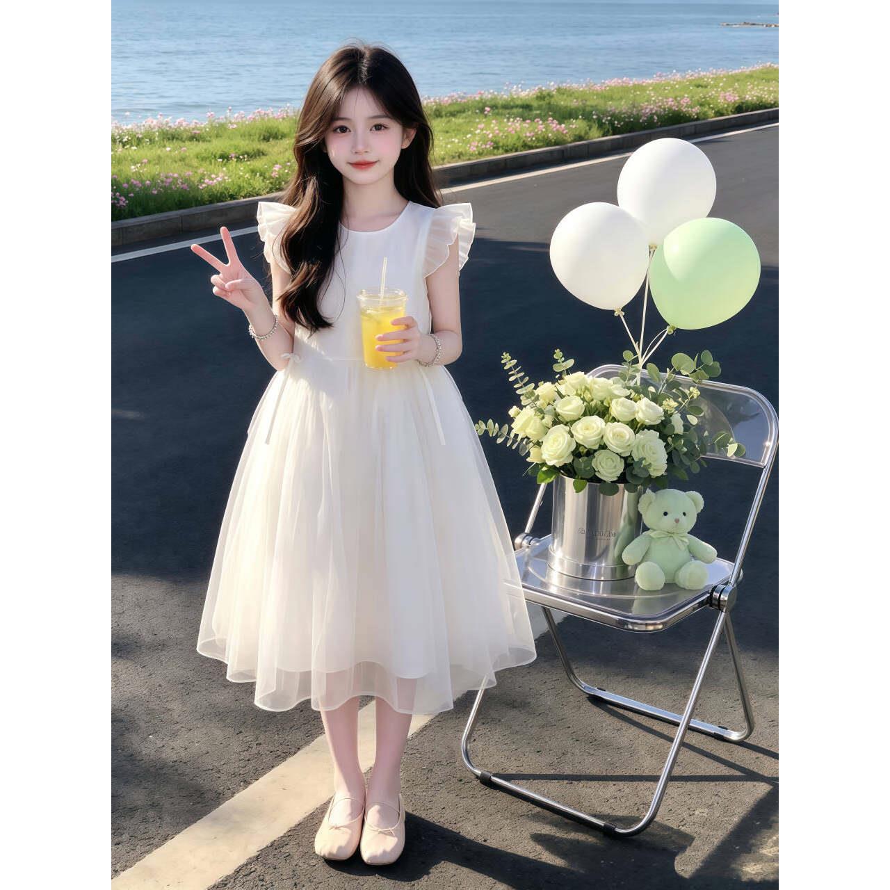 女大童夏季生日礼服公主裙2026新款中大童洋气甜美飞袖网纱连衣裙
