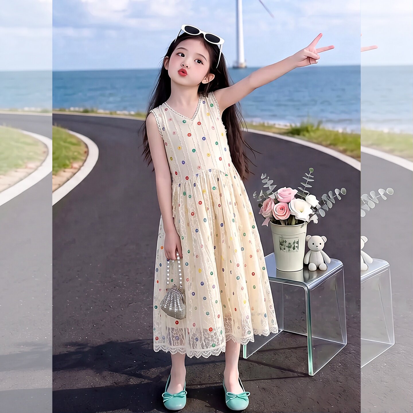 女童连衣裙夏款彩色波点无袖背心