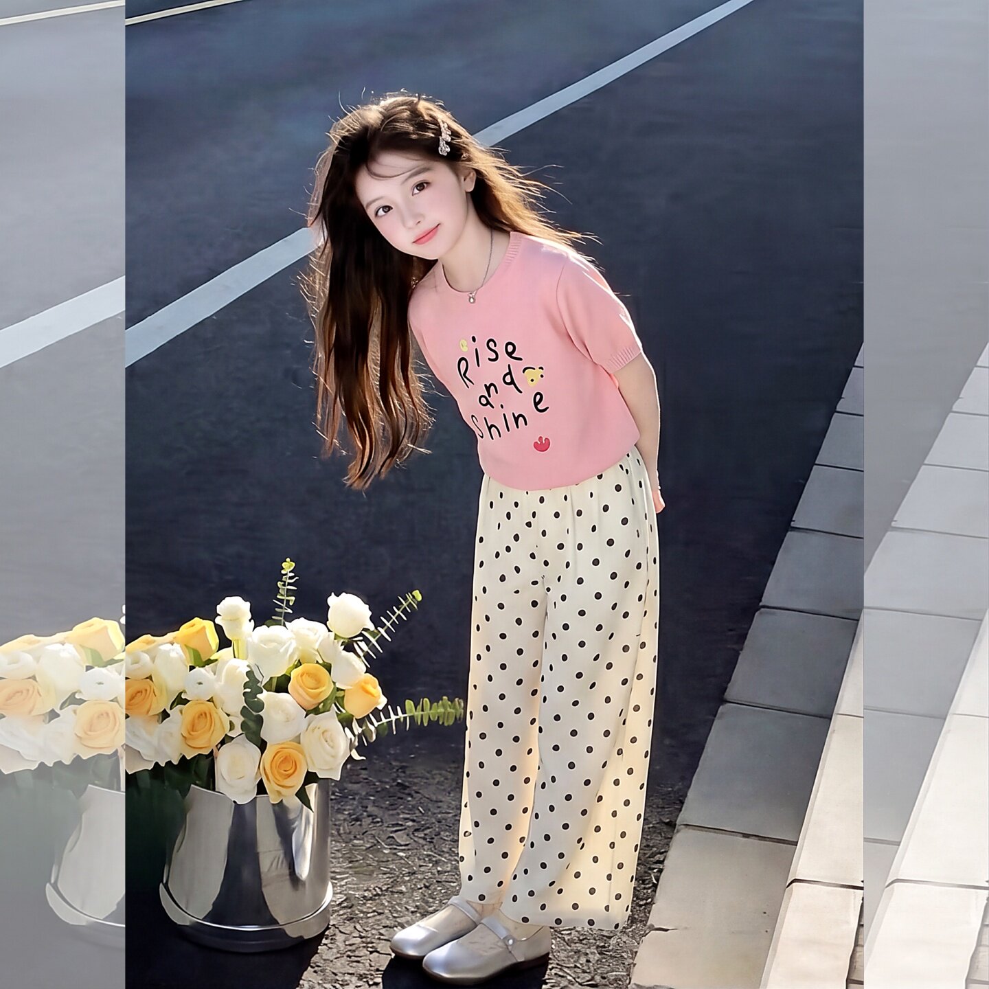 女童夏装冰丝毛衣短袖套装2026新