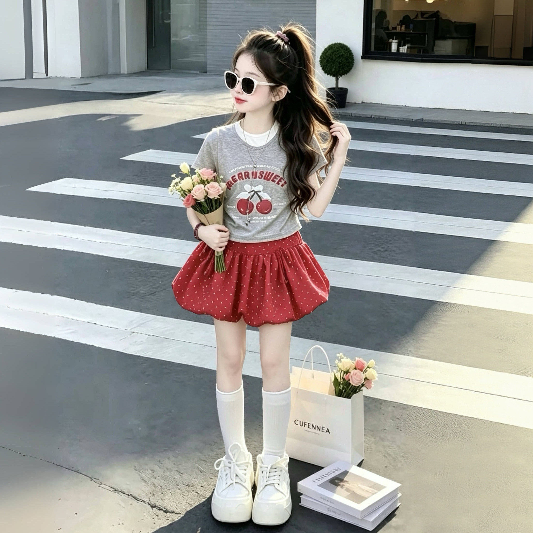 女童2026年夏季新款韩版印花短袖套装中大童波点花苞裙防走光短裙