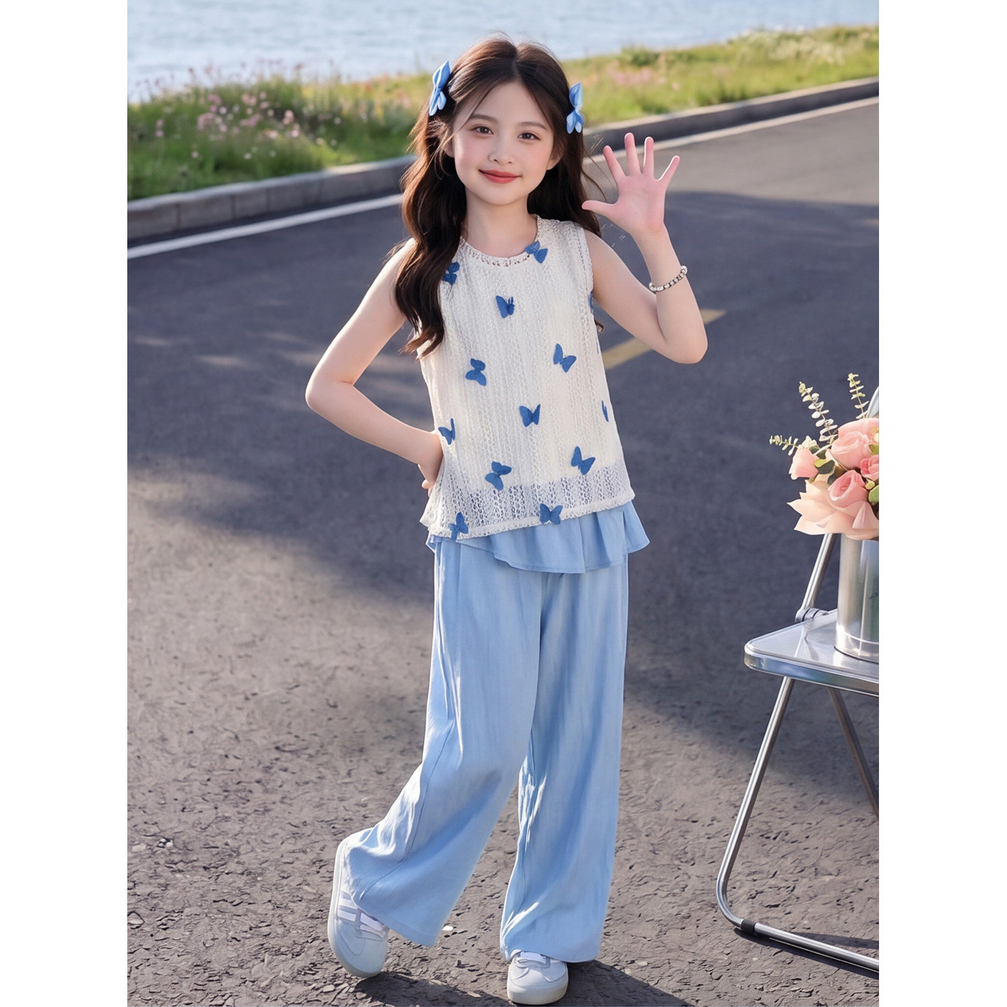 女童超好看夏装无袖蝴蝶套装2026