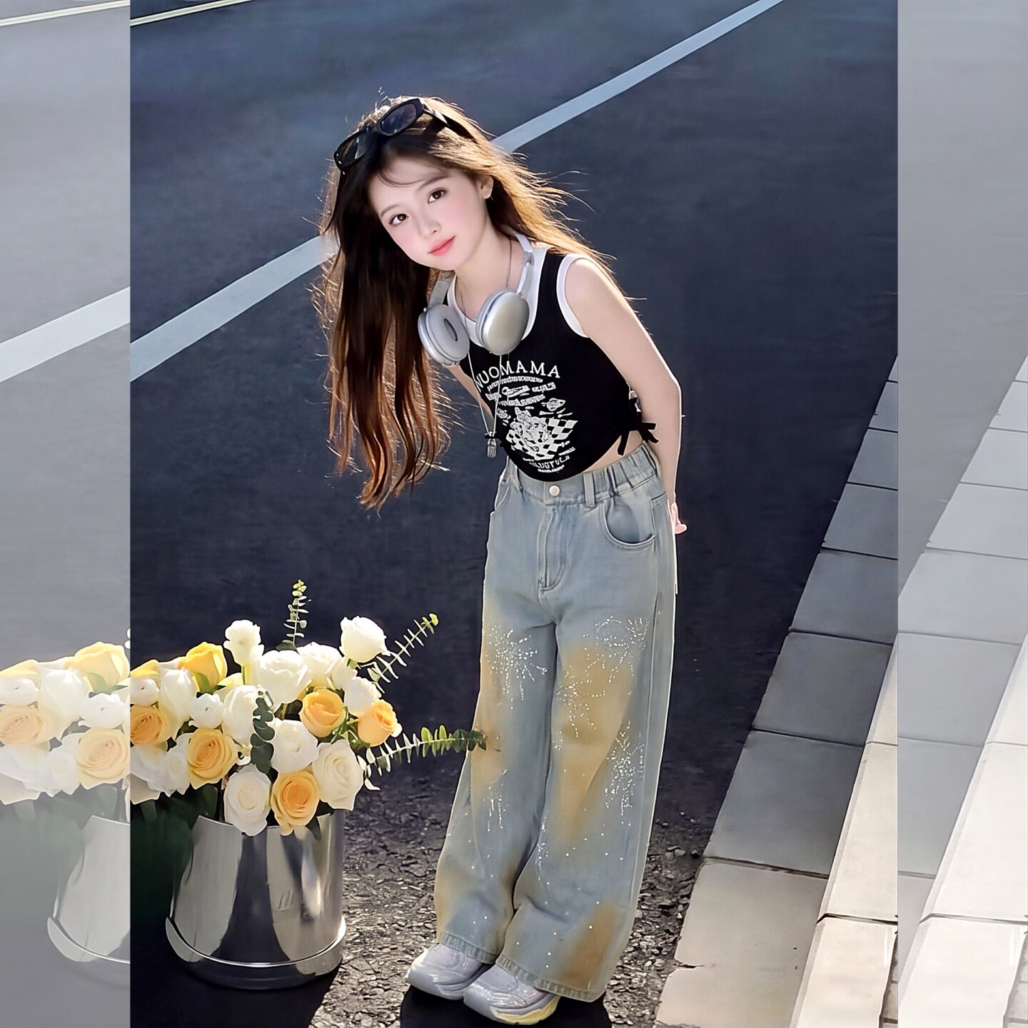 女童爵士舞套装2026新款潮酷字母背心烫钻牛仔裤中大童街舞炸街装
