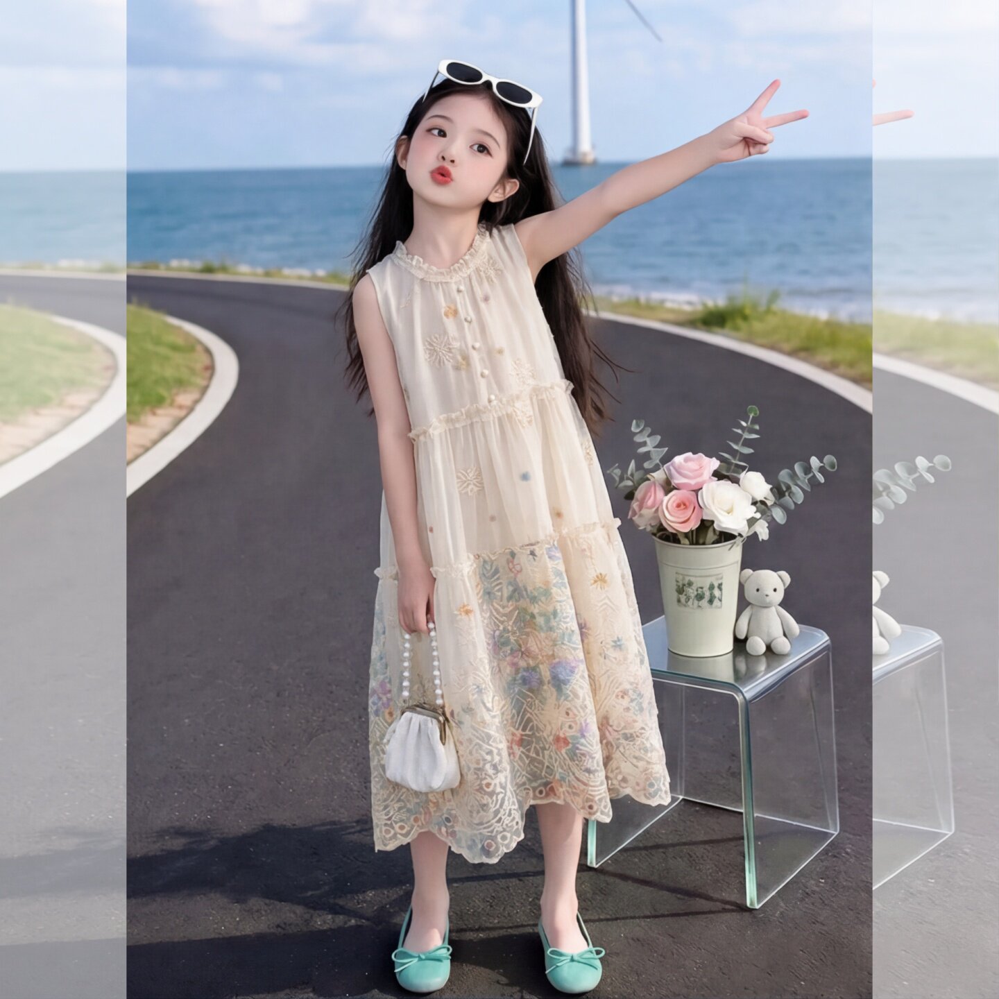 女童重工刺绣雪纺连衣裙2026夏装