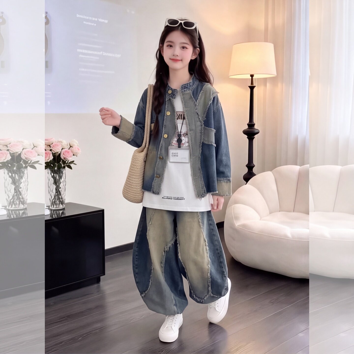 女童设计感牛仔外套阔腿裤套装秋