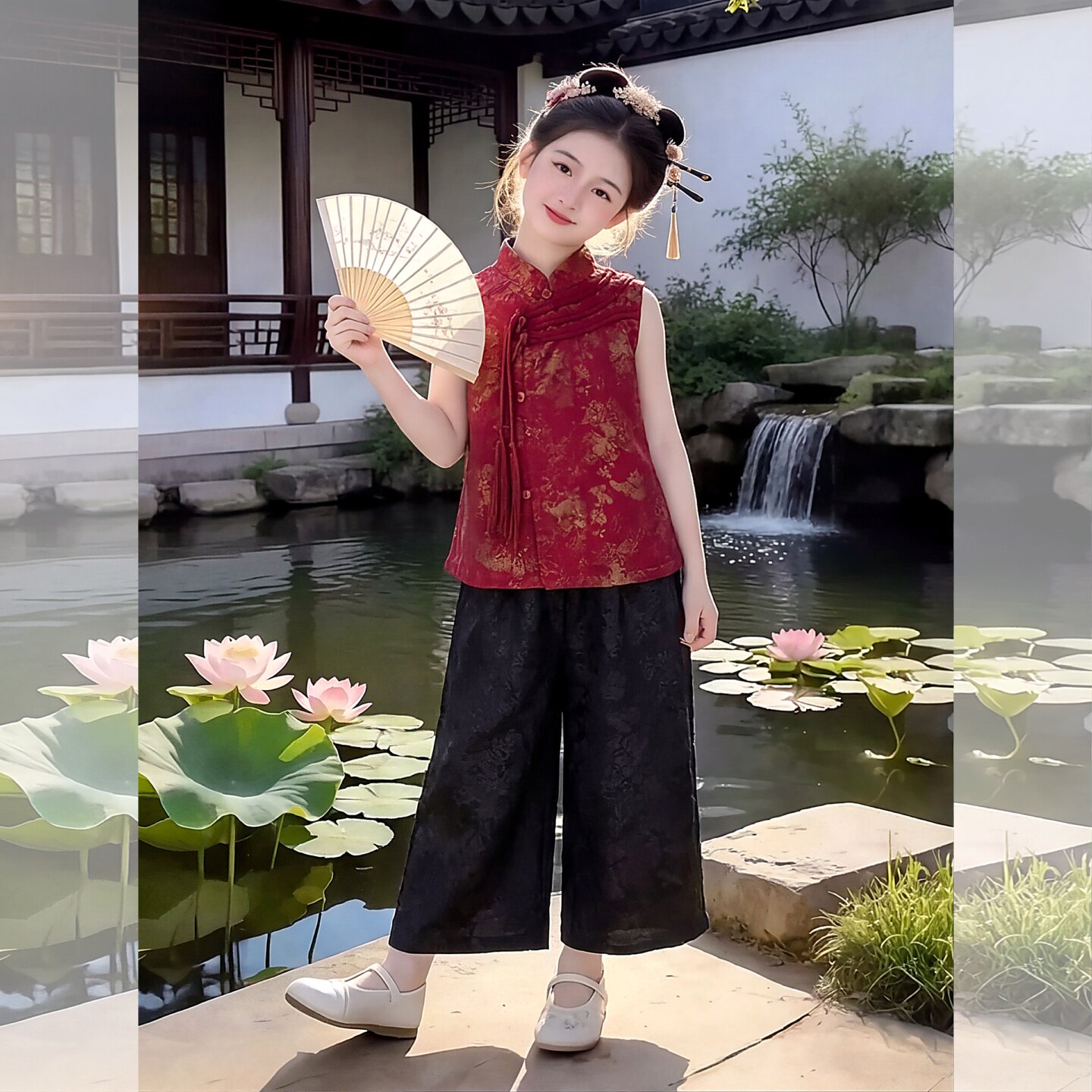 女童套红色无袖马甲上衣唐装套装