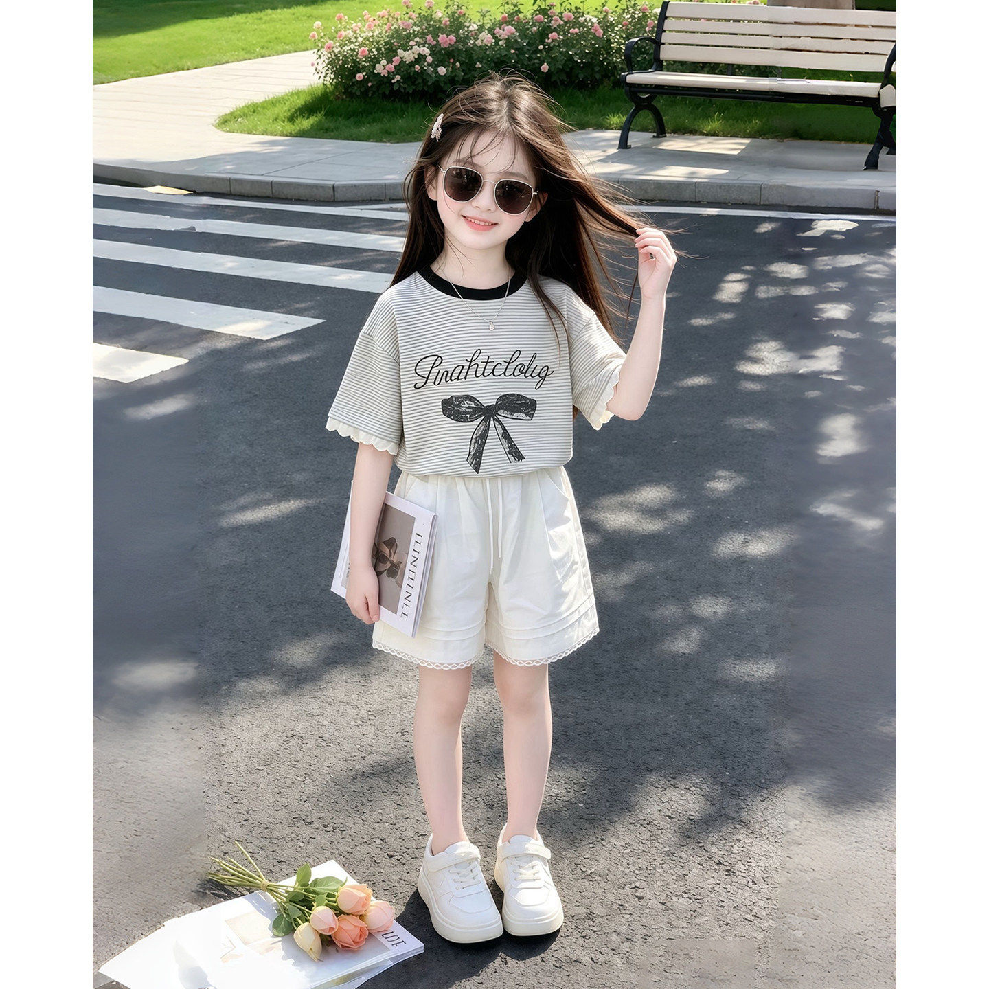 女童条纹蝴蝶结套装2026夏季新款洋气超女孩中大童短袖短裤套装