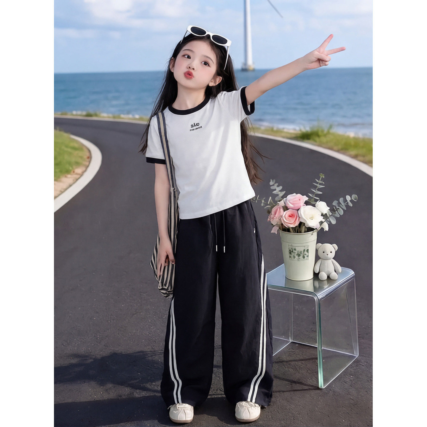 女童夏季短袖T恤薄款防蚊阔腿裤