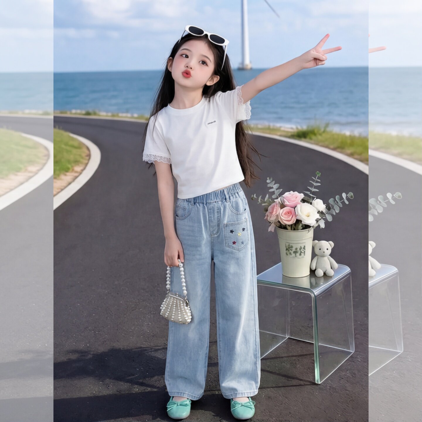夏羽墨女童白色拼花边蕾丝短