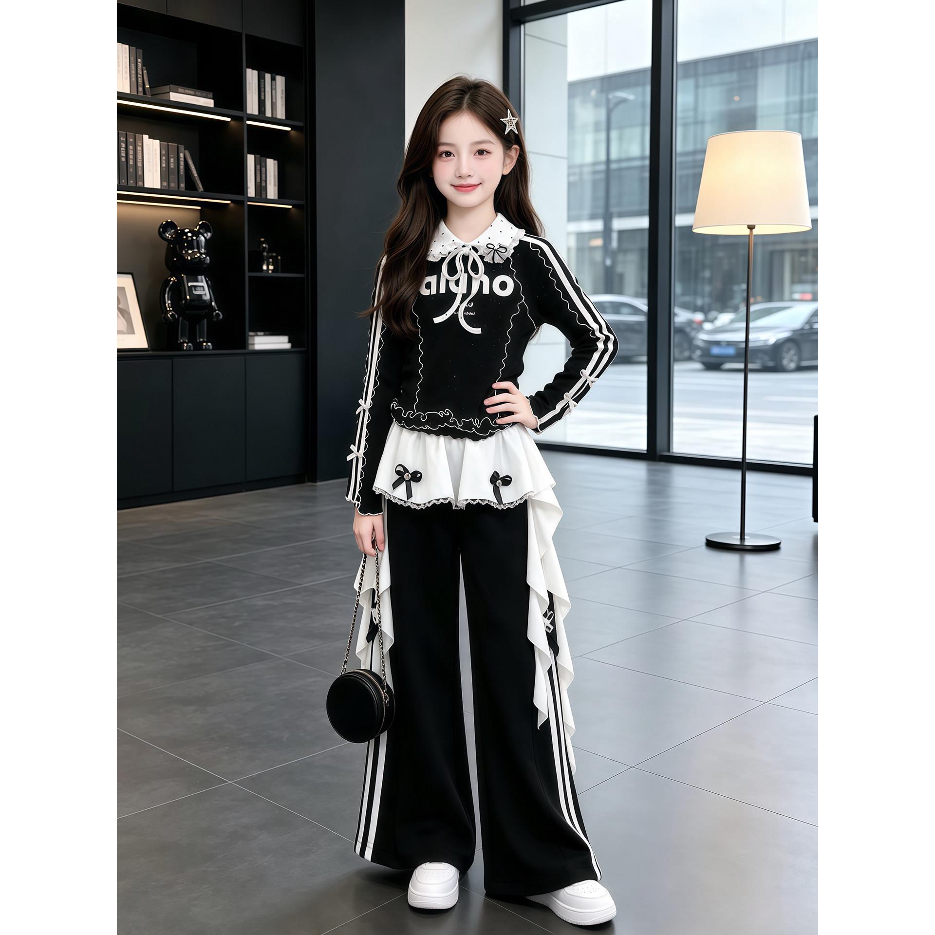 女童演出服套装春秋2026新款儿童时尚秋装小香风蝴蝶结两件套洋气