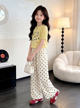 女童黄色冰丝字母短袖白色波点裤套装2026夏季新款休闲儿童两件套