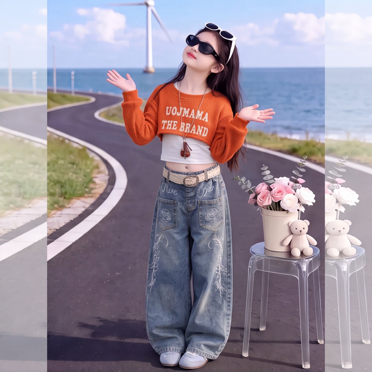 女童美式设计感牛仔裤套装秋季20