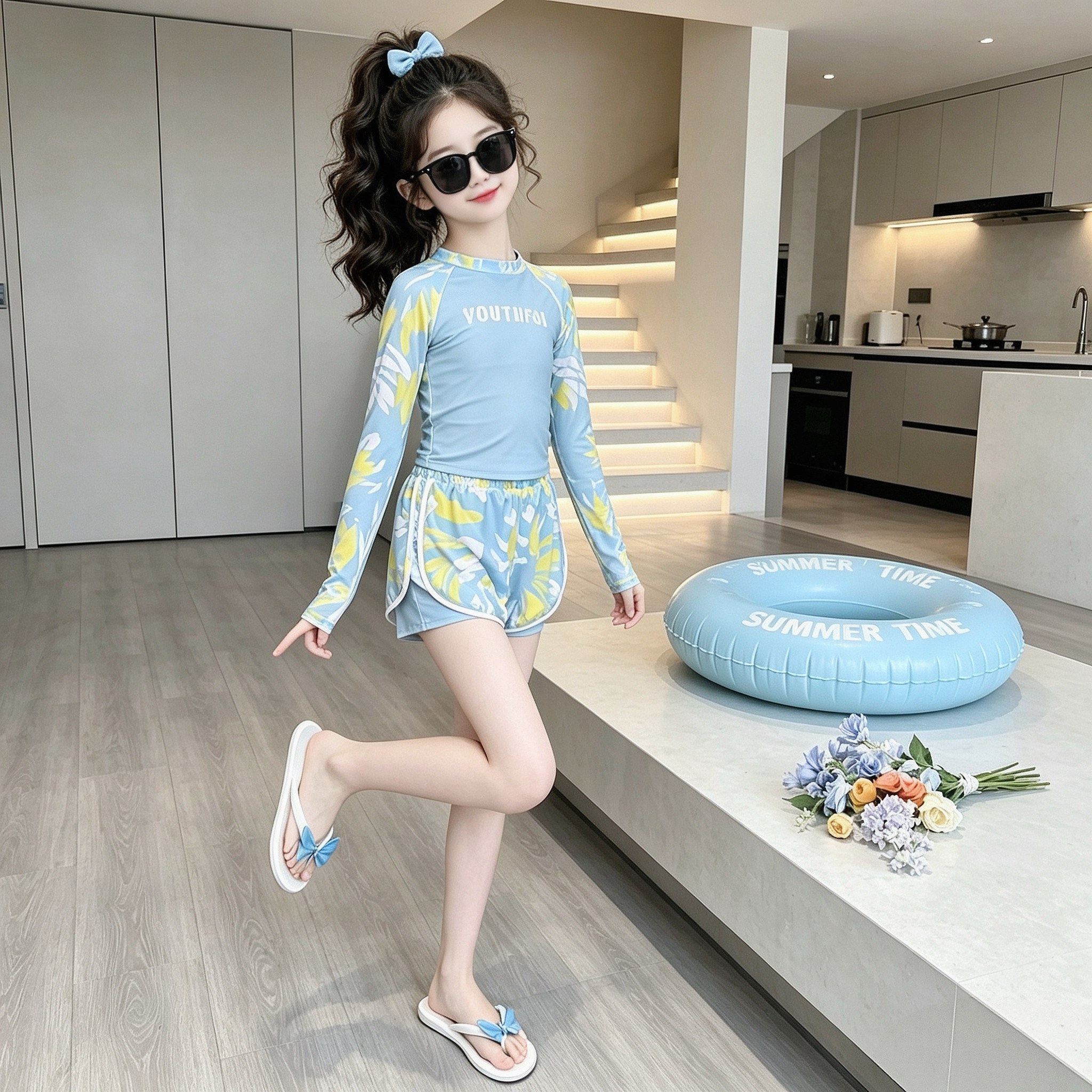 女童高颜值泳衣2026新款儿童分体带胸垫游泳衣女大童网红长袖泳装