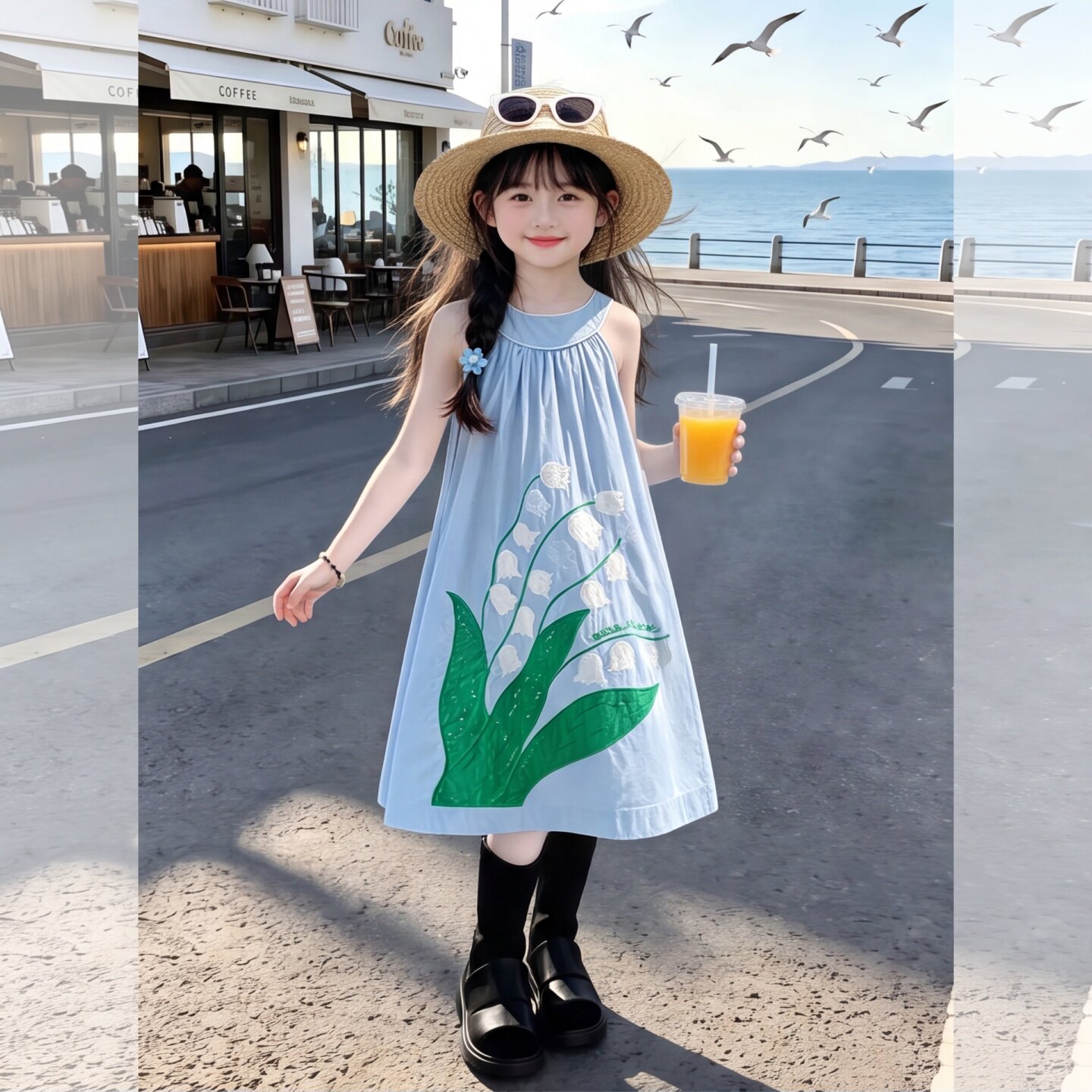 女童刺绣花朵挂脖无袖吊带连衣裙