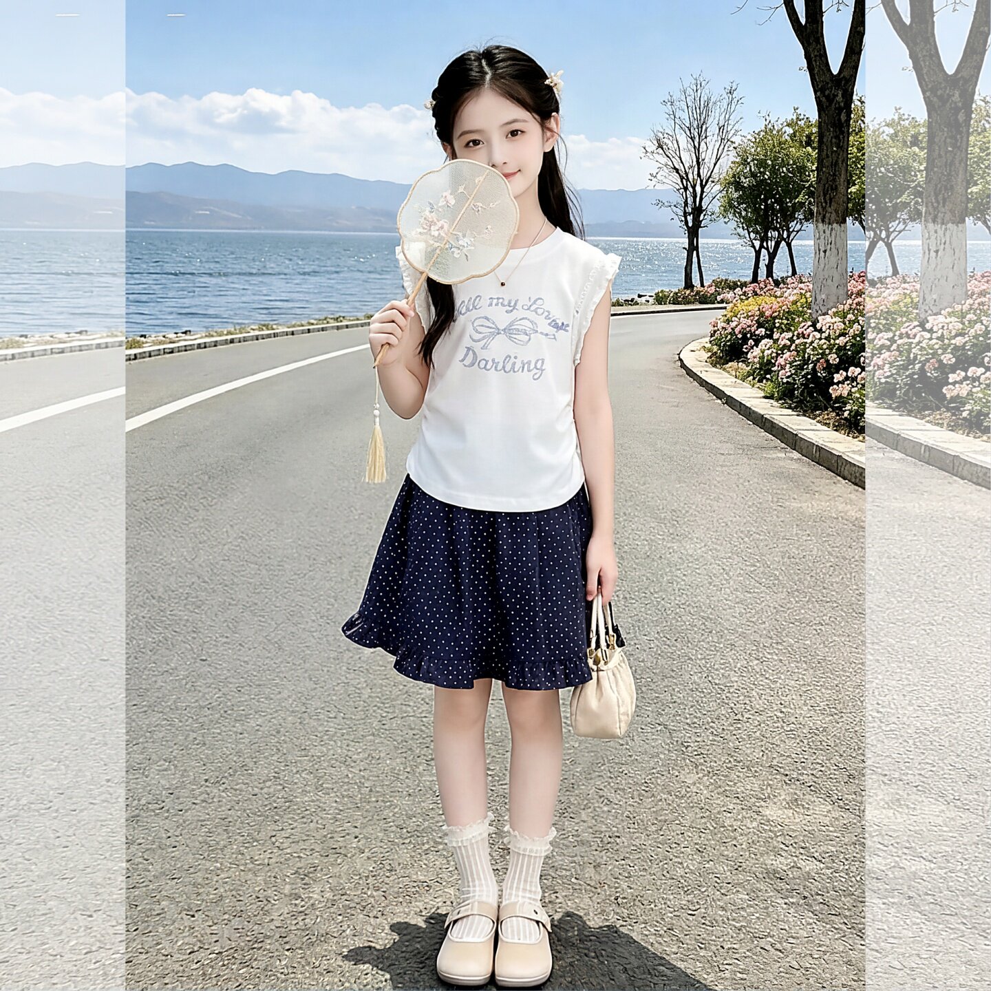 女童夏套装薄款花边无袖T恤波点4