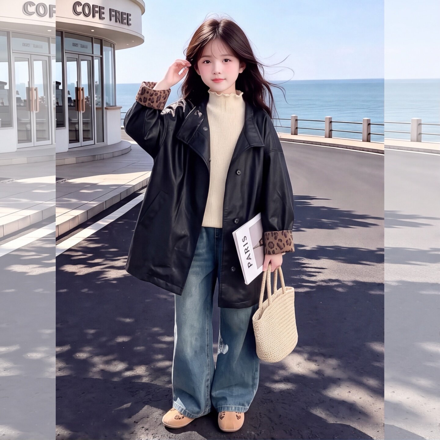 女童秋季复古豹纹翻边皮衣外套20
