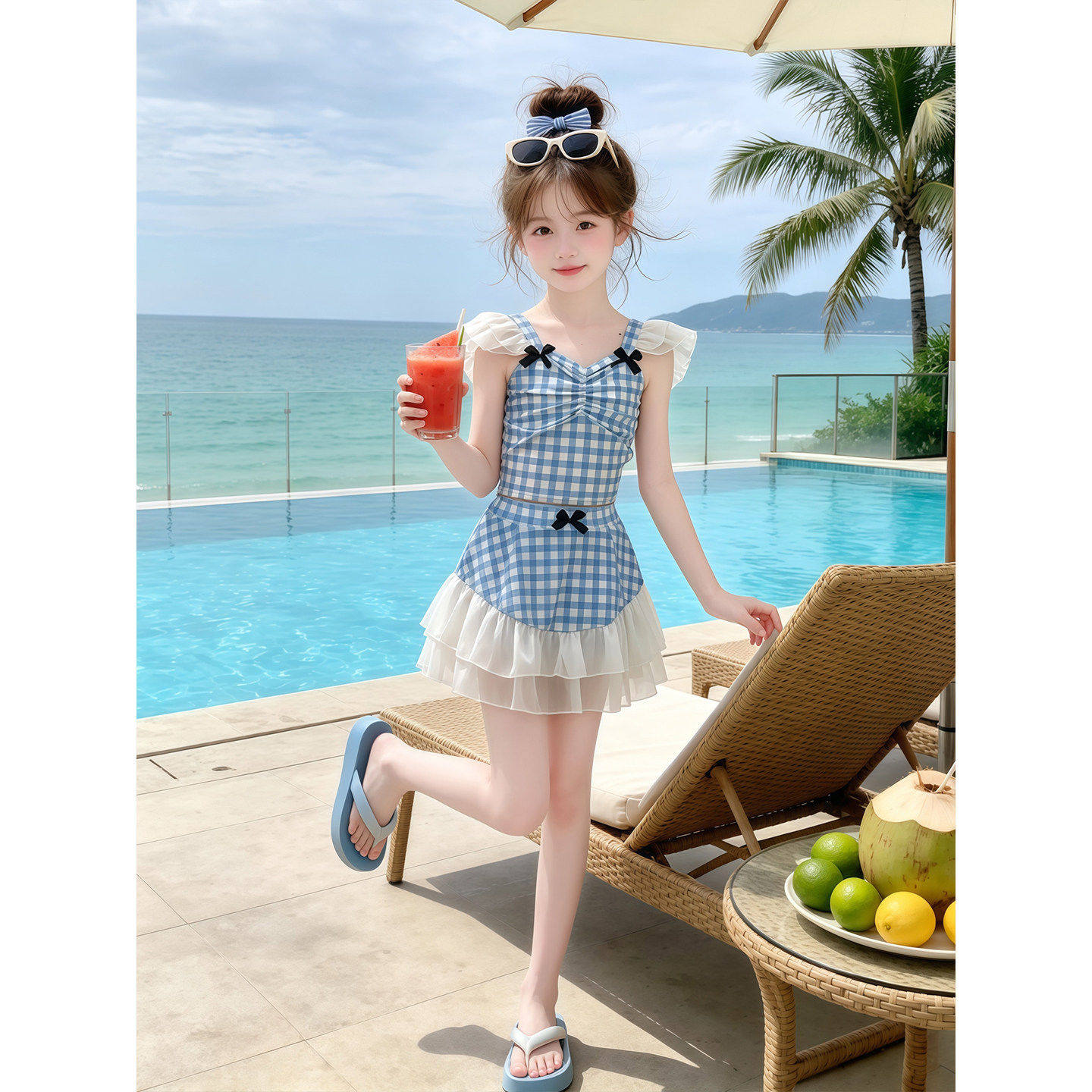 女童格子连身泳衣夏季2026新款儿童荷叶边泳装女孩夏装裙式游泳衣