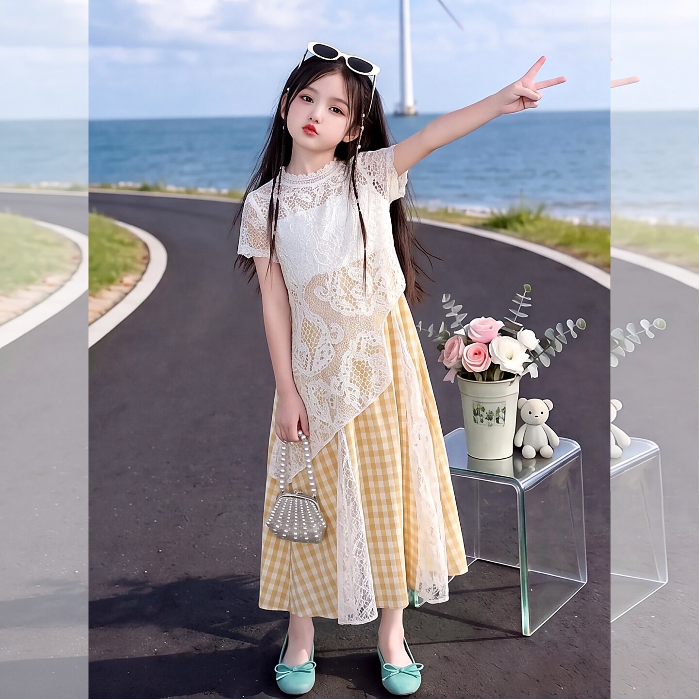 女童夏不规则镂空外搭裙子两件套
