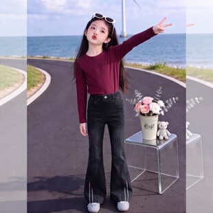 女童喇叭裤秋季款2026新款微喇牛仔裤女大童秋天修身黑色儿童裤子