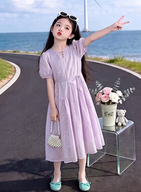 女童连衣裙夏季2026新款中大童甜美紫色裙子刺绣泡泡袖公主裙夏装