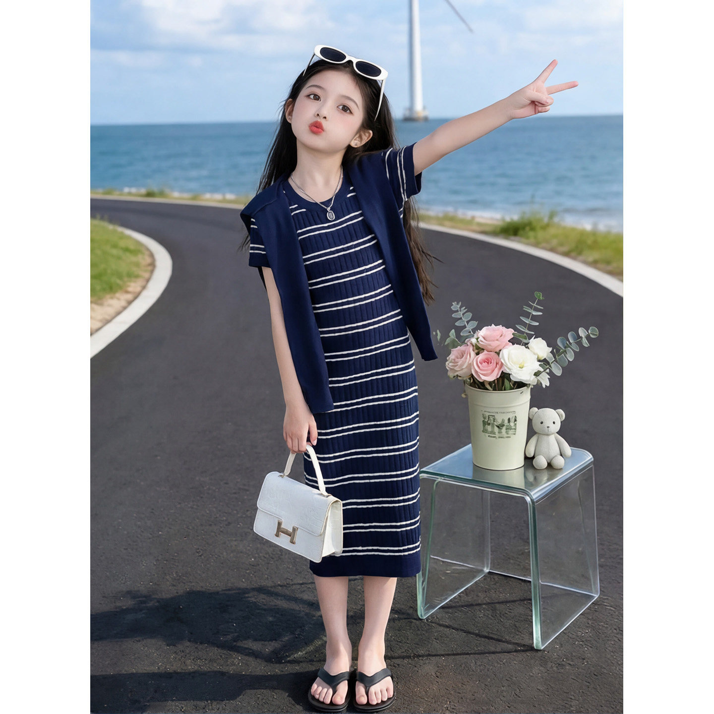 女童休闲条纹拼接针织连衣裙夏季