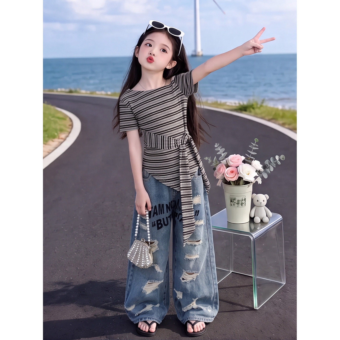女童美式破洞阔腿牛仔裤儿童宽松