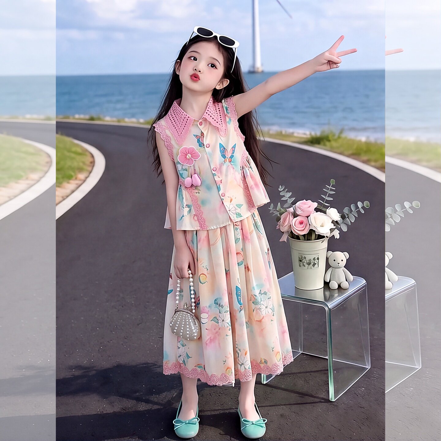 女童夏花朵无袖上衣短裤两件套装