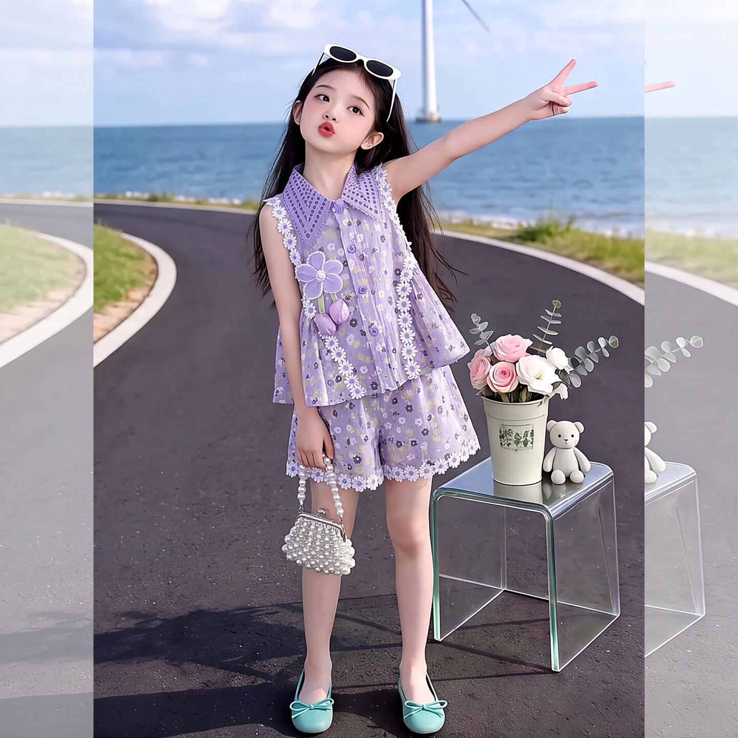 女童波点娃娃衫阔腿裙裤套装2026