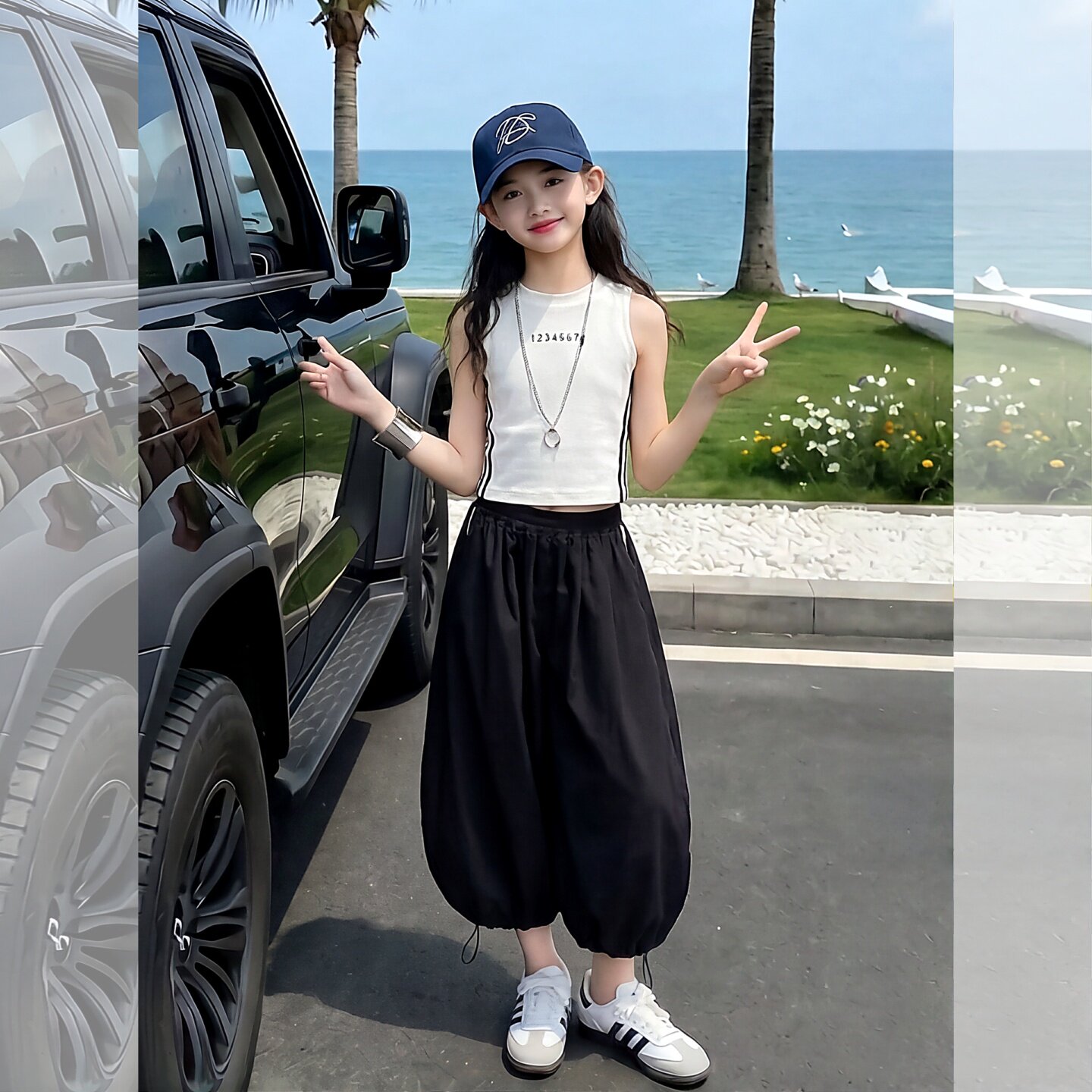 女童夏季无袖背心八分裤套装组合