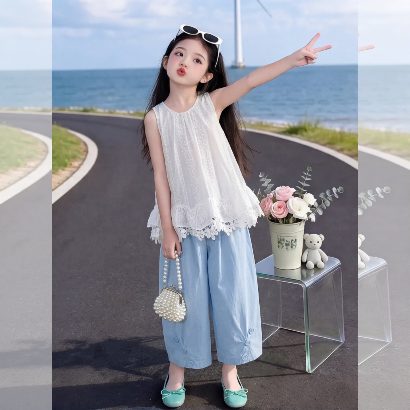 女童森系清新套装夏季蕾丝花边