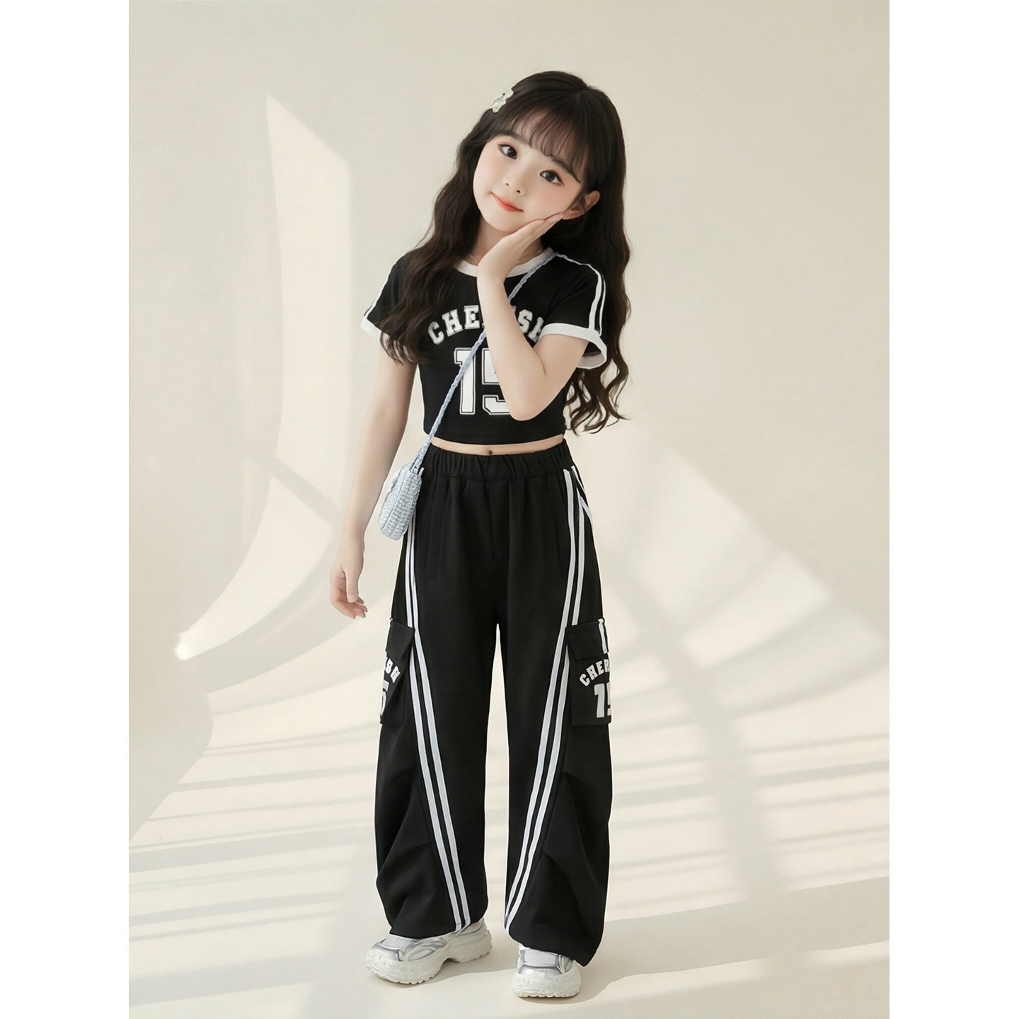 女童洋气爵士舞服装夏季短袖套装